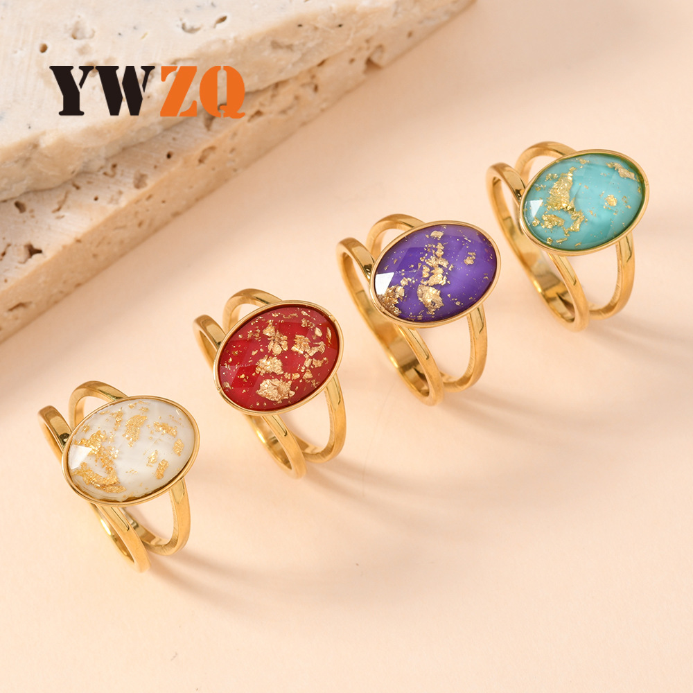 Joyas de acero inoxidable de moda europeas y americanas lujosas cortes de gota de oro óleo colorido anillo de titanio elíptico anillo de piedra preciosa