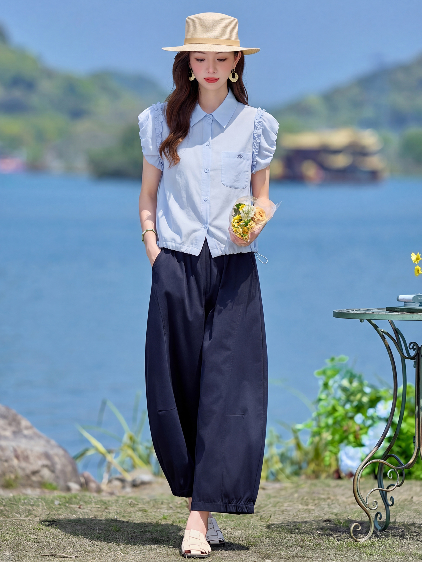 Bộ sơ mi tay dài kết hợp quần ống rộng nữ cao cấp LU9166 — Màu ảnh