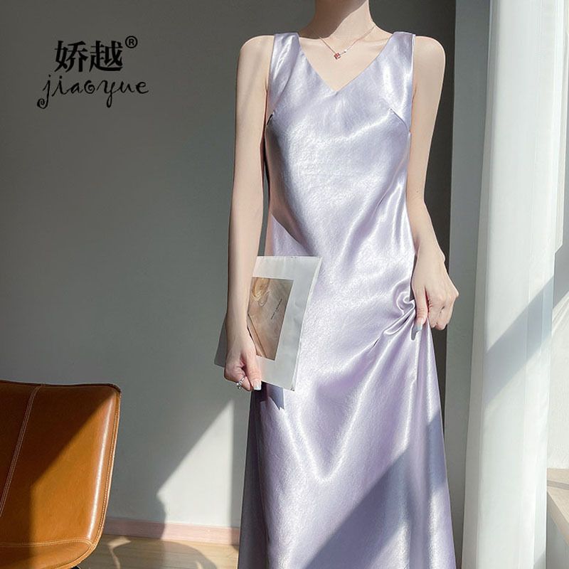 Acetic Acid Satin Vest dress Tight Waist Gold-plated Silk French Style Slip Dress Solid Color V-Neck Wide Shoulder Strap Long Dress