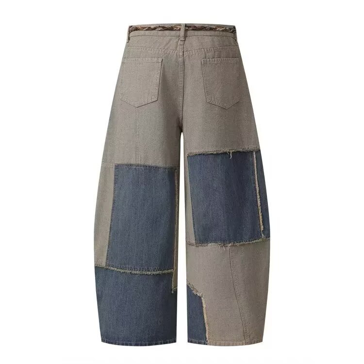 Trendy Retro Japanese-Style Men's Jeans with Patchwork and Color-Blocking Design, American-Style Straight-Leg Jeans with Drawstring, Cotton Trendy Retro Japanese-Style Men's Jeans with Patchwork and Color-Blocking Design, American-Style Straight-Leg Jeans with Drawstring, Cotton