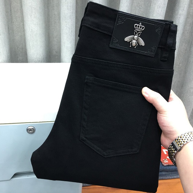 Little Bee High-End Autumn Black Jeans for Men, Trendy Stretch Slim Fit Tapered Pants, Youth Loose Straight-Leg