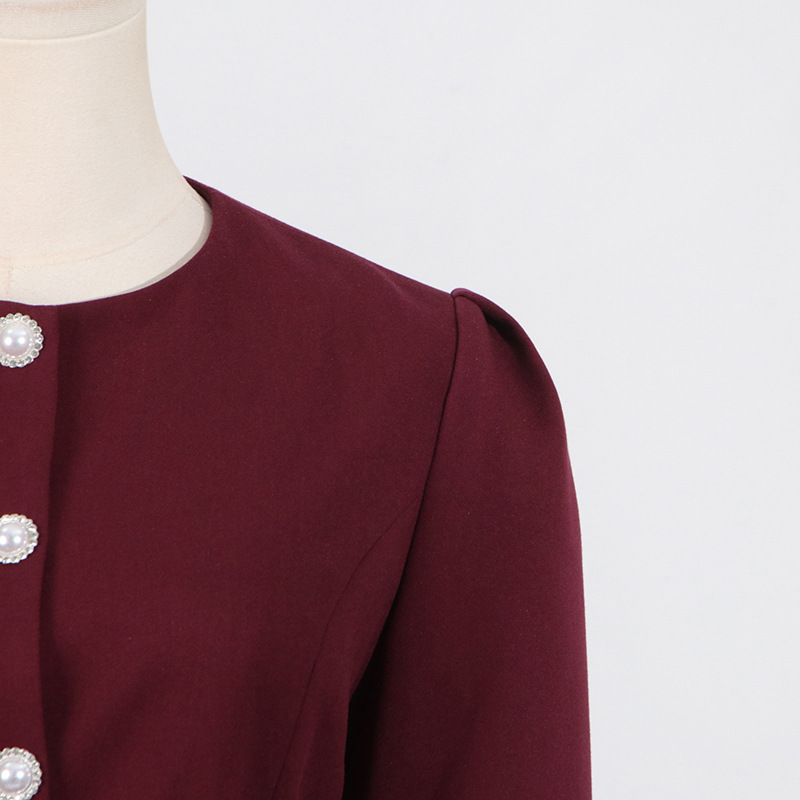 Casual Set Women Autumn Solid Color round Neck Single Breasted Design Slim Skirt Set