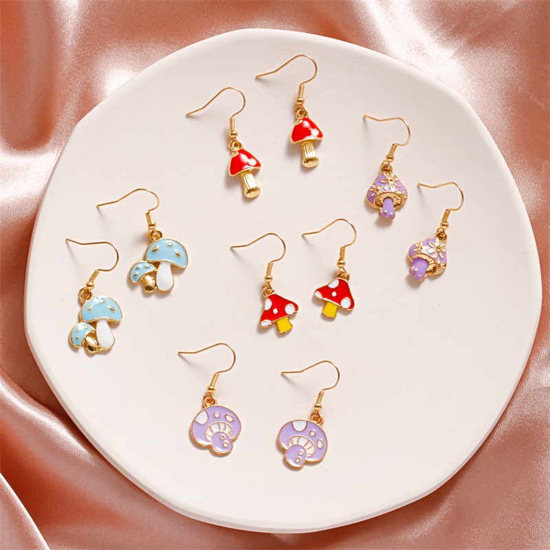 Europe And America Creative Fun Mushroom Earrings For Women Ins Style Cute Colorful Oil Necklace Small Mushroom Earrings Earrings Popular Sale display picture 2