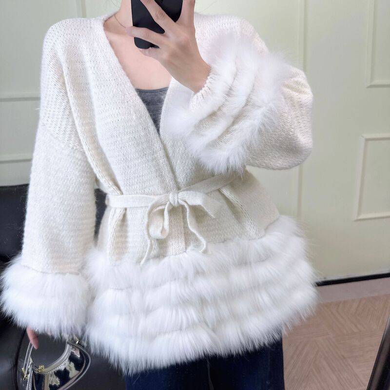 Wool Knit Cardigan Mohair Women's Mid-Length Fox Fur Real Fur Sweater Coat Elegant for Commuting