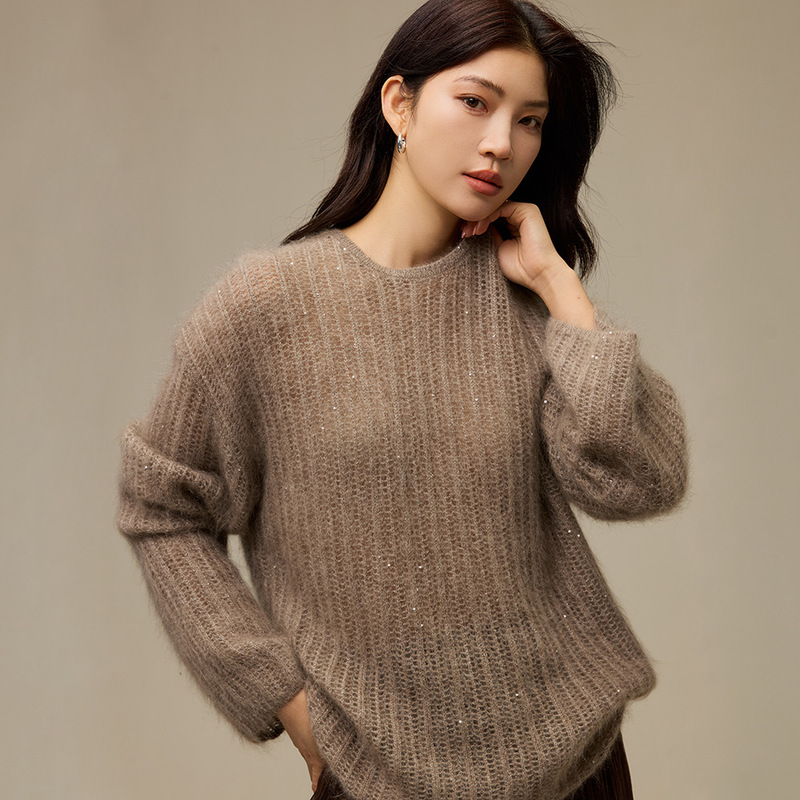 High-end 100% wool fleece sweater, round neck, openwork knit, early autumn new women's loose sequin cardigan High-end 100% wool fleece sweater, round neck, openwork knit, early autumn new women's loose sequin cardigan