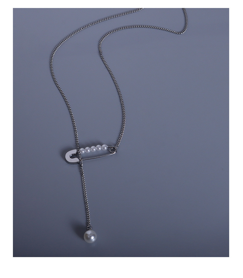 Imitation Pearl Pin Tassel Pendant Titanium Steel Necklace display picture 5