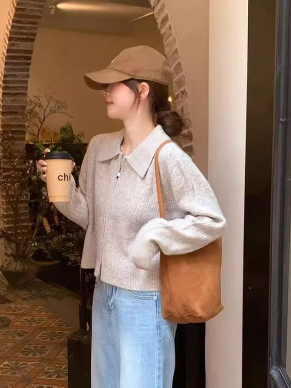 法式复古拉链翻领毛衣外套女秋季穿搭奶呼呼软糯宽松针织开衫上衣|undefined