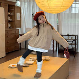 男女童装秋季棉布休闲工装外套韩版宽松洋气套头立领儿童夹克上衣