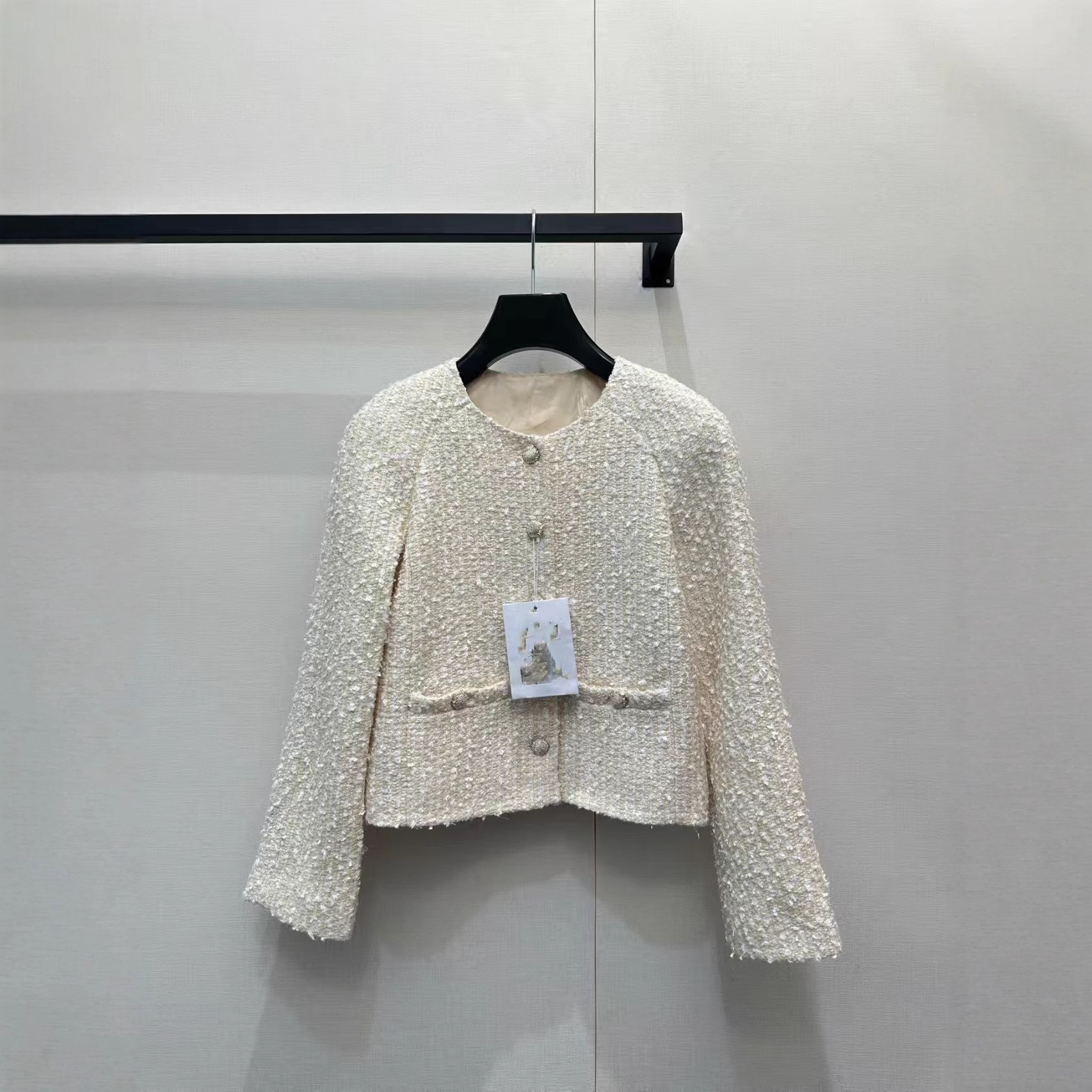 Nanyou Direct Supply 2026 Early Spring New Oatmeal Color Double Pocket Tweed Jacket Stylish Round Neck Pearl Button Top