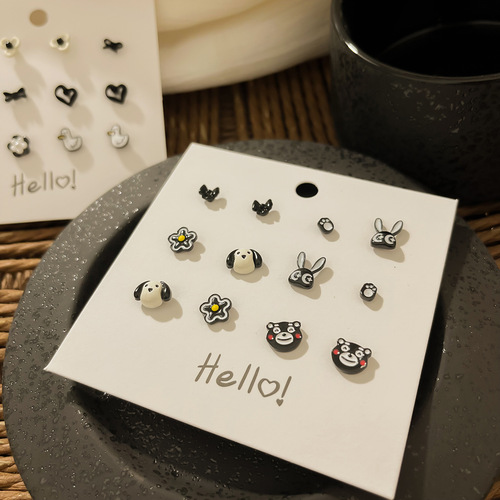 s925 autumn/winter new black earring set simple versatile elegant atmospheric fashionable earrings white-enhancing sweet earring accessories