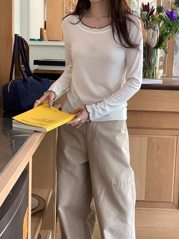 白色长袖t恤女秋季2025新款韩版修身百搭休闲上衣套头圆领打底衫|undefined