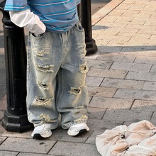 春秋男女童装牛仔裤宝宝洋气儿童个性潮牌炸街韩版时髦破洞乞丐裤