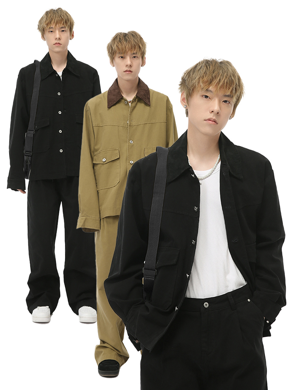 MTLCLOTHES Hombres| 2024 otoño nuevos productos de bolsillo japonés retro color contrastante chaqueta de trabajo conjunto de moda