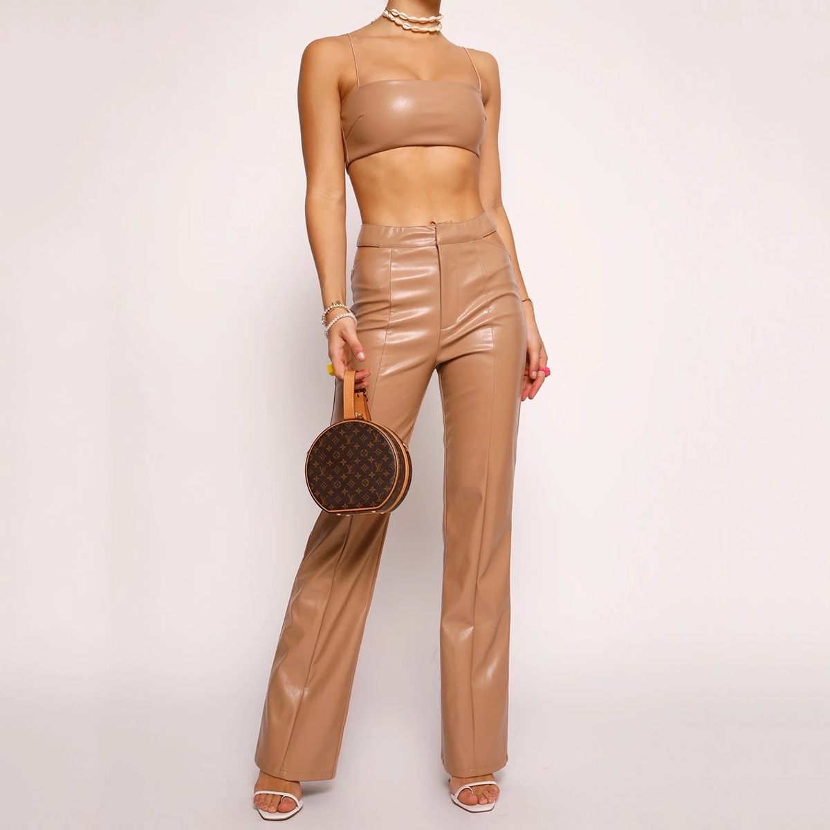 Amazon Explosive money Europe and America Autumn and winter new pattern Women's wear PU camisole Leather vest Straight trousers Two piece set Set Women