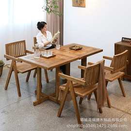 老榆木民宿木质休闲桌家用木制正方形风化咖啡桌实木复古拼花餐桌
