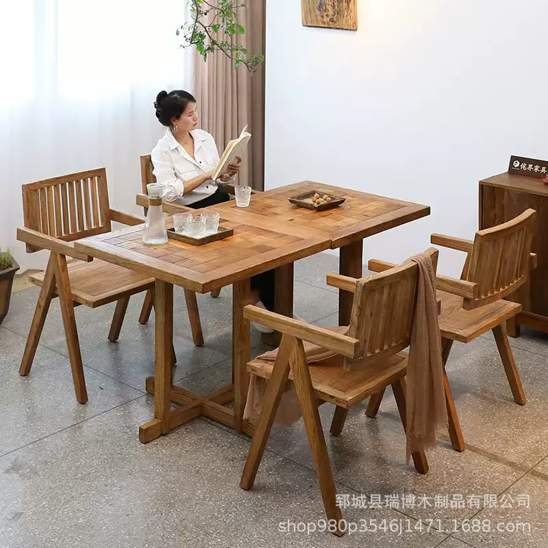 老榆木民宿木质休闲桌家用木制正方形风化咖啡桌实木复古拼花餐桌