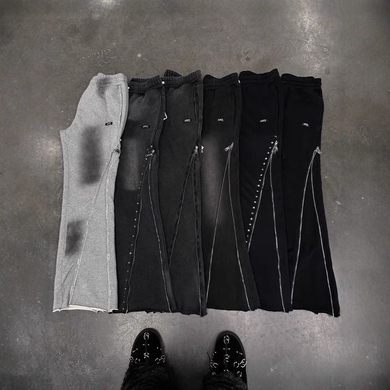 Early Spring New Trousers Heavy Knitted Zipper Design Street Style Niche Fashion Distressed Men and Women Same Style Thread