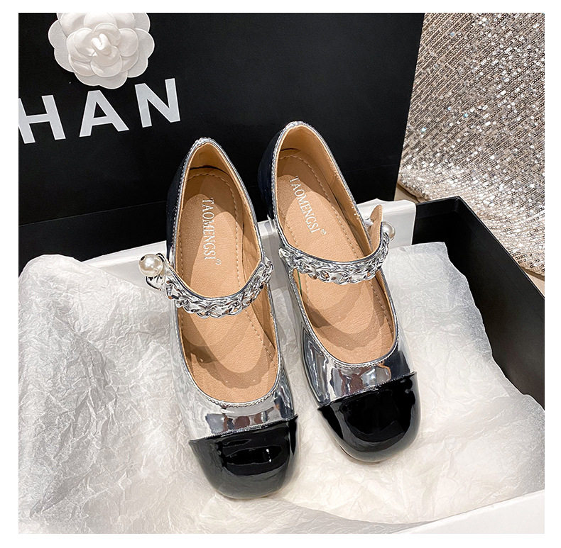 Giày Mary Jane nữ mũi vuông đế bằng phối màu ngọc trai, gót thấp 1–3 cm — Bạc phối đen, Đen bạc, Đen trắng chi tiết 43