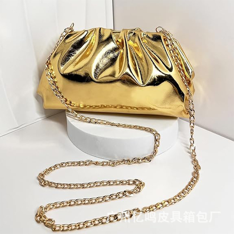 Elegant Pleated Vegan Leather Clutch Metallic PU Cloud Dumpling Bag Soft Evening Party Purse for Women