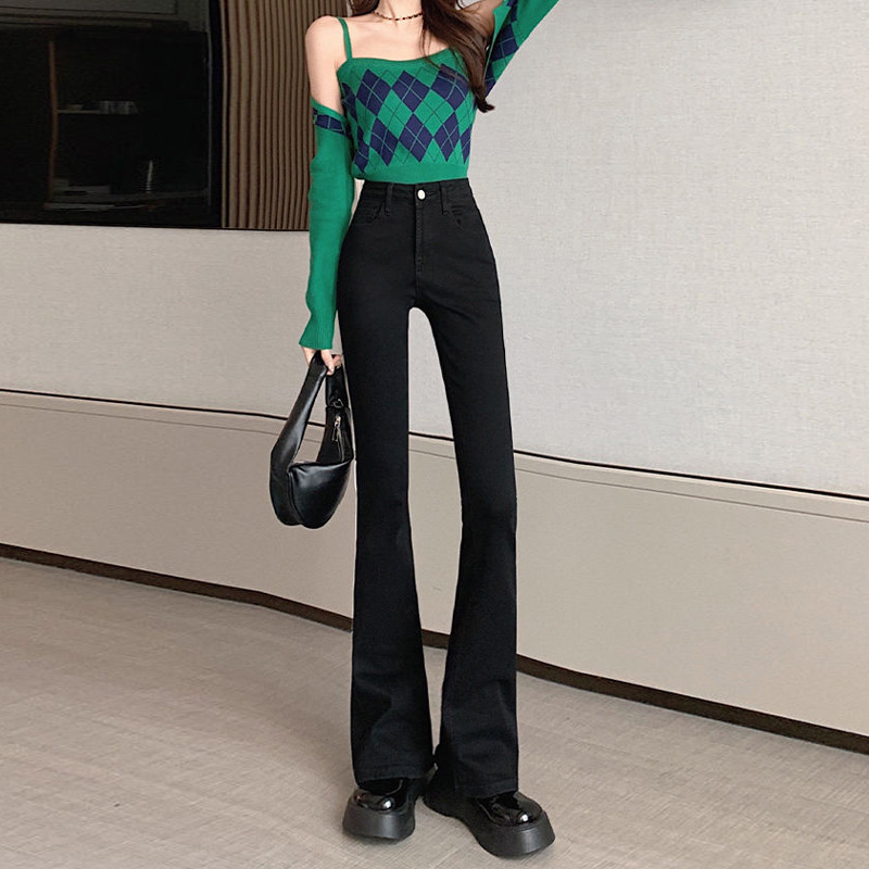 青い灰色の微ラッパのジーパンの女性の秋冬の高腰はやせている馬蹄のズボンの小さい体を現して弾力性のネットの赤いラッパのズボンを修理します。|undefined