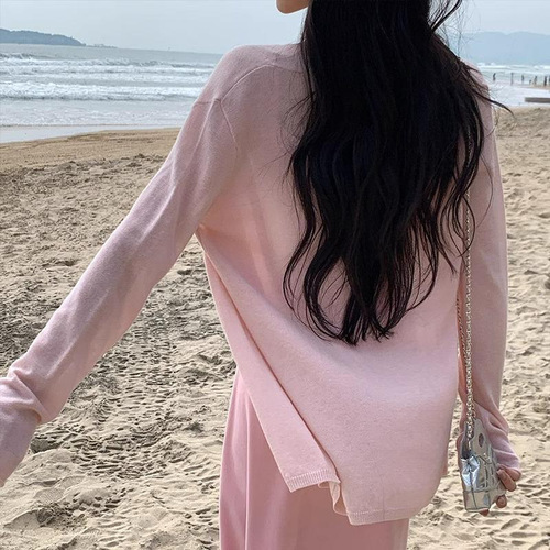Long/medium-length spring and summer casual women's knit cardigan, thin pink top jacket, suitable for layering, new style