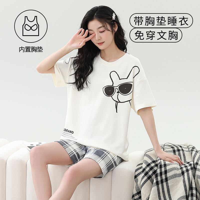 Venta al por mayor transfronteriza verano nuevos pijamas de algodón de imitación estilo caliente para mujer con almohadilla para el pecho pantalones cortos de manga corta traje de servicio a domicilio casual de dibujos animados
