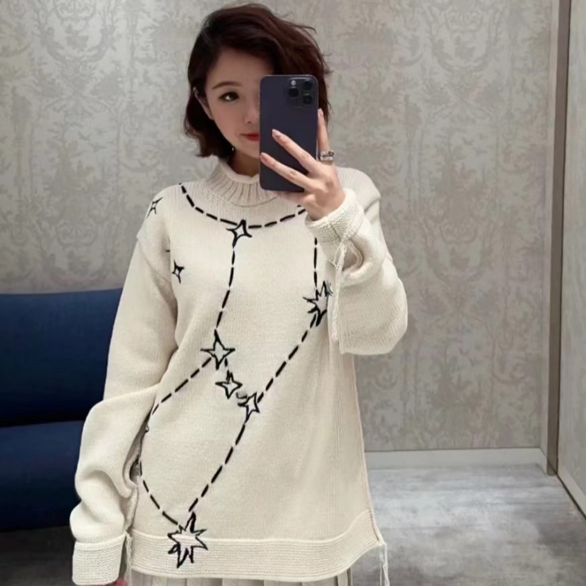 高版本潮牌新款2024秋冬提花星星毛衣男女同款休闲针织衫情侣同款