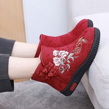 冬季老北布鞋女棉鞋民族风短靴加绒保暖妈妈鞋中国风绣花女棉靴