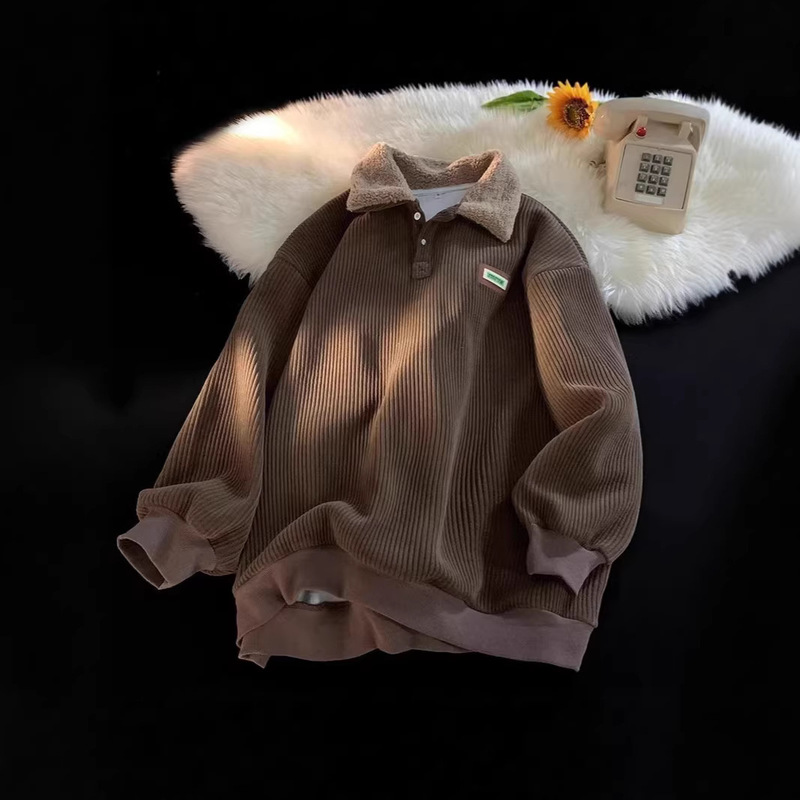 Corduroy Polo Collar Sweatshirt for Men, Autumn and Winter Ins Trend, Fleece-Lined and Thickened Top, Loose Fit Trendy Brand Jacket for Men Corduroy Polo Collar Sweatshirt for Men, Autumn and Winter Ins Trend, Fleece-Lined and Thickened Top, Loose Fit Trendy Brand Jacket for Men