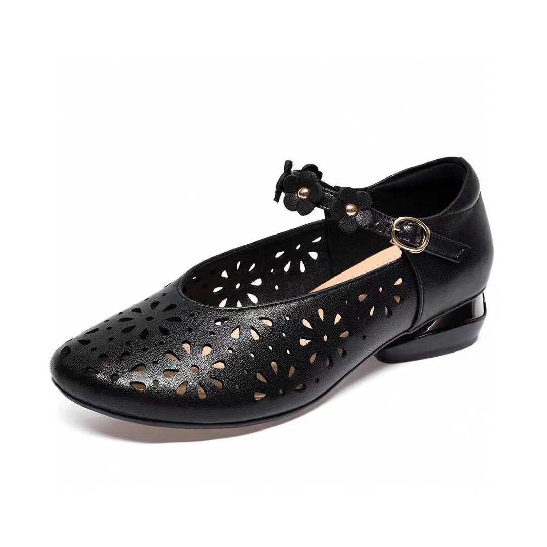 Sandal nữ da thật mũi tròn gót vuông quai ngang phong cách retro — đen