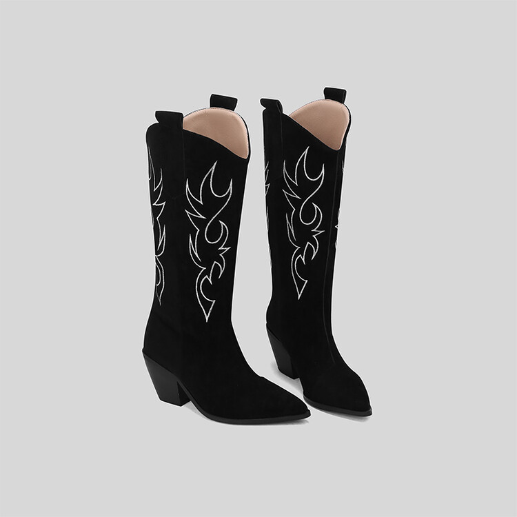 Western cowboy boots embroidered retro pointed high boots thick heel high heel mid-calf boots Knight boots Women's knee-length boots