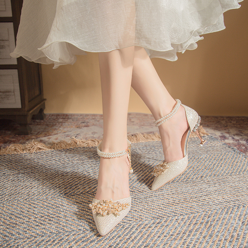 Fashionable Baotou Sandals for Women 2024 Spring and Summer New Style Pointed Toe Thick Heel Bow One-Word Buckle High Heel Single Shoes for Women