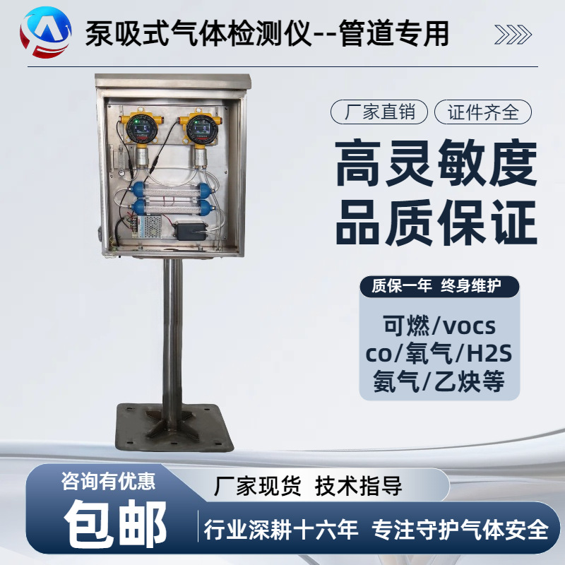 定制管道泵吸式气体探测器氧气vocs氨气浓度检测仪硫化氢泄露报警