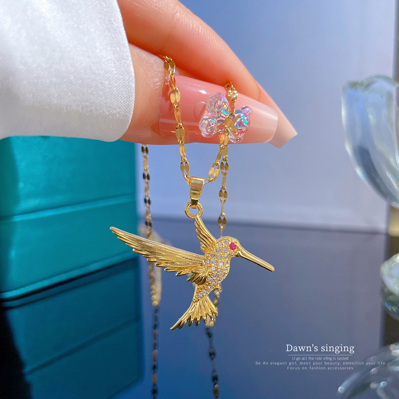 Fashion Woodpecker Titanium Steel Plating Hollow Out Inlay Zircon Pendant Necklace 1 Piece