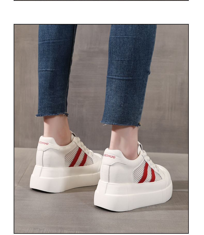 Giày sneaker nữ đế dày tăng chiều cao phong cách trắng basic — Trắng Đỏ chi tiết 12