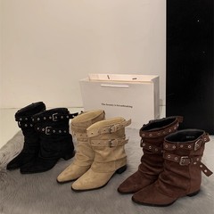 美式辣妹皮带扣裤管靴短筒靴女靴2025早秋新款小众设计短靴西部靴