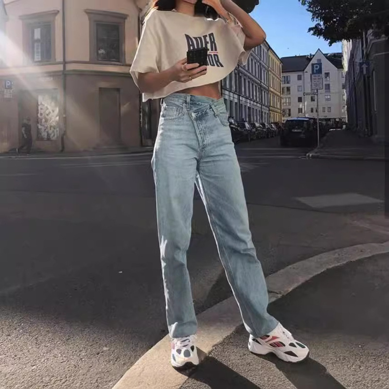 AGOL Fashion Misplaced Oblique Buckle Boyfriend Style Straight Pants Washed Cotton Casual High Waist Jeans Nazha Same Style
