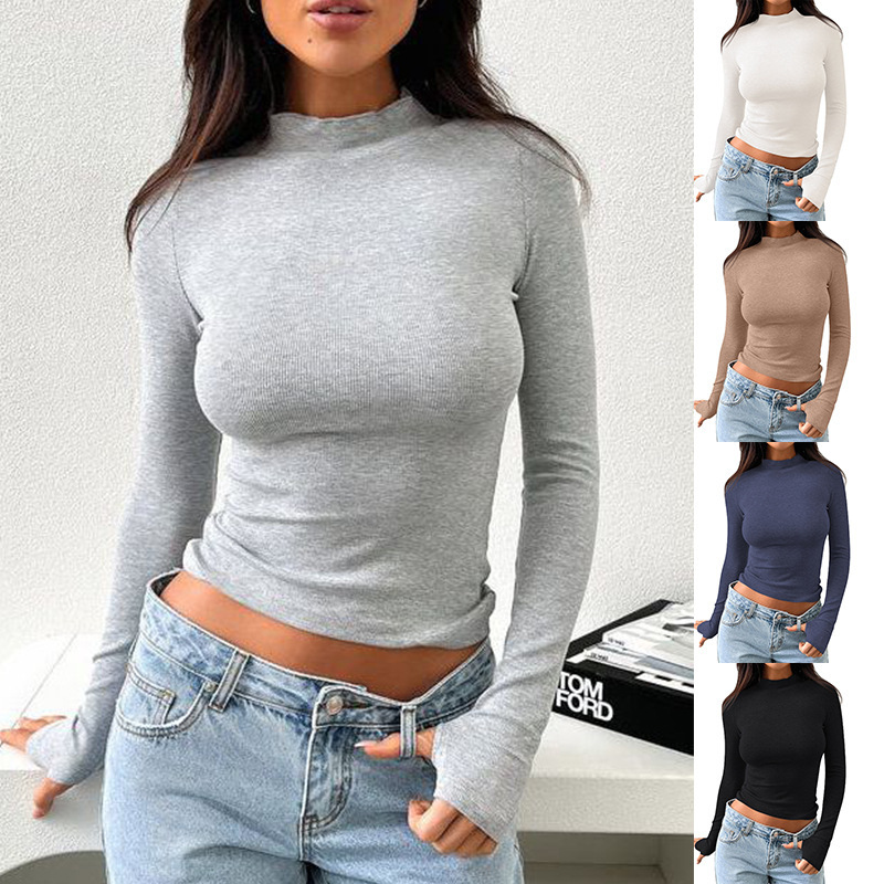 European and American cross-border women's clothing 2024 new TK Amazon premium Y2K slim half-high collar long sleeve thumb hole T-shirt