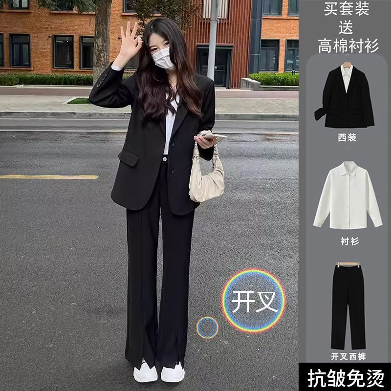 Women's Suit Set for Spring and Autumn, Long-Sleeved Black Blazer for Ladies, Suitable for College Students, Job Interviews, and Workwear with Elastic Waist