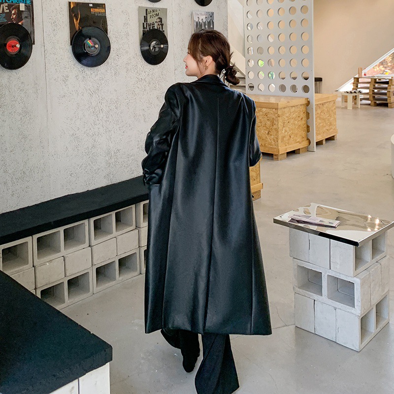 Real Shot of Black Suit Long Jacket for Women in Spring, with A Sense of Luxury and Slimming Waist. Goddess PU Leather Clothing Trend_voghion.com
