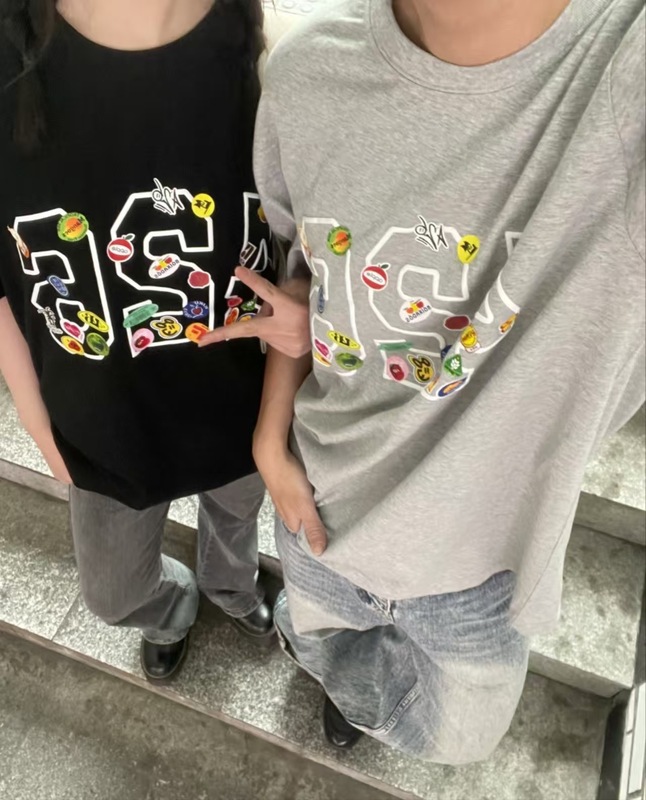 刺繍 (純綿 220g コーマタイト) アメリカンレトロカジュアル学生ルーズカップル半袖Tシャツ女性用|undefined