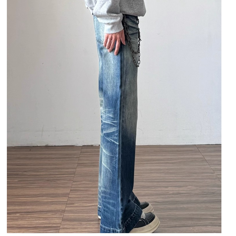 Men's Clothing Unisex Distressed Wide Leg Trousers Hong Kong Style Flared Jeans Retro Loose Fit For Commuting_mkmklike.com