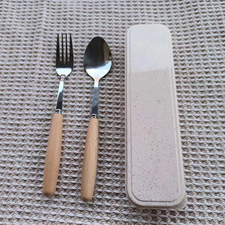 나무 손잡이 밥 상자 + 뾰족한 스푼 포크