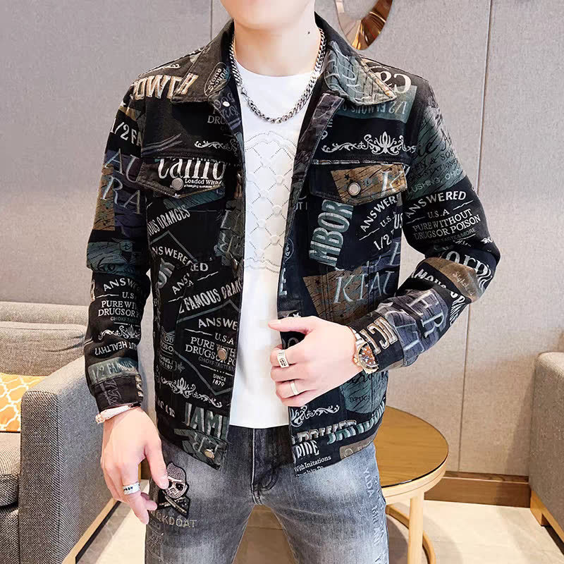 Men's Denim Jacket Autumn New Graffiti Print Stylish Jacket Top Youth Trendy Brand Versatile Jacket
