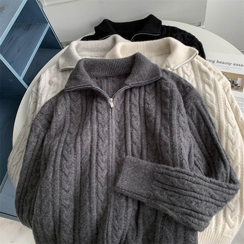 Half High Neck Double Zipper Twist Lapel Cardigan Thickened Warm Loose Korean Style Autumn and Winter Twist Sweater Coat Top Half High Neck Double Zipper Twist Lapel Cardigan Thickened Warm Loose Korean Style Autumn and Winter Twist Sweater Coat Top