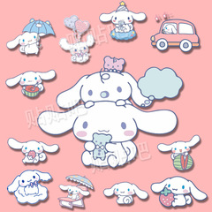 Cute cartoon-style Guigu dog with big ears, luggage, laptop, tablet, water cup, decoration sticker, and electric scooter sticker