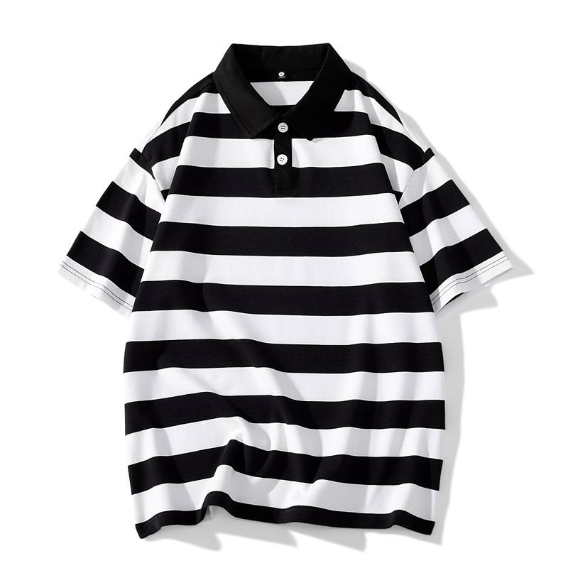 Men's Summer Striped Polo T-Shirt Heavyweight Soft Skin-Friendly Short Sleeve Hong Kong Style Trendy Brand Suitable For Students And Commuters_viptrois.com