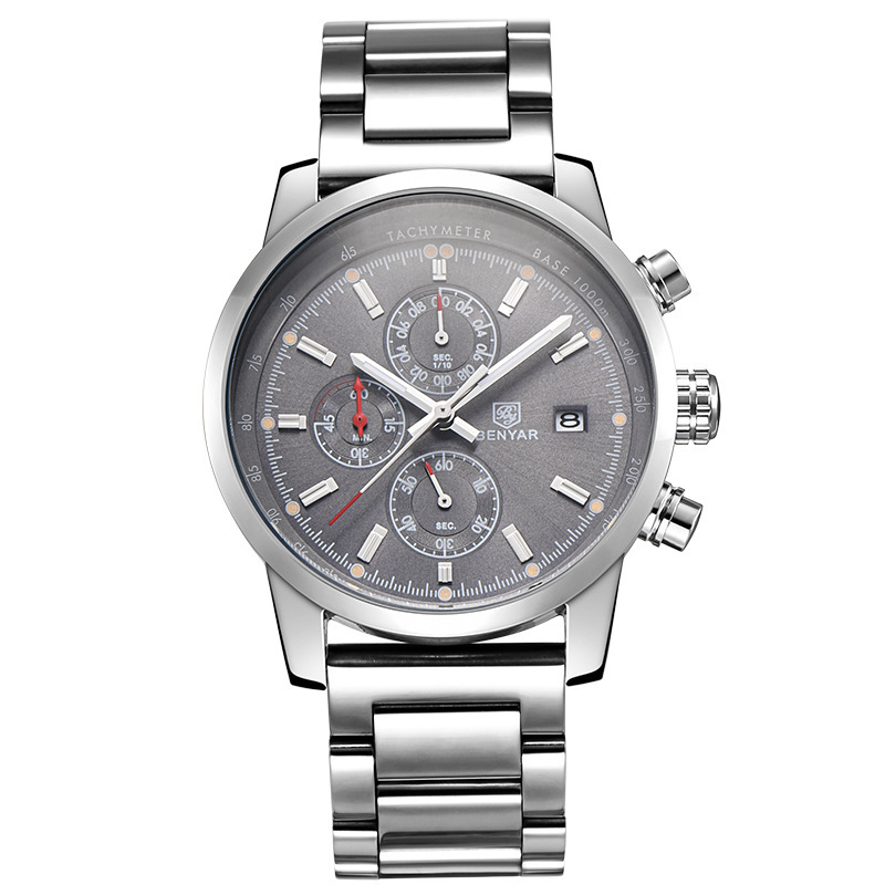 BENYAR Binya reloj de los hombres de moda multi-funcional calendario impermeable Cinturón Reloj de los hombres correa de acero reloj casual 5102
