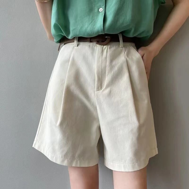 Women's Summer Korean-Style High-Waisted Loose Wide-Leg Shorts, Casual Workwear Shorts, Mid-Length Shorts, Five-Point Pants