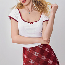 2025年亚马逊爆款优雅可爱方领蝴蝶结撞色蕾丝短款短袖上衣，日常